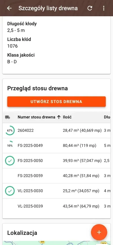 Przegląd stosów w szczegółach listy drewna