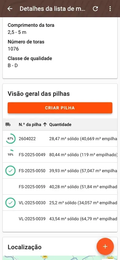 Vista geral das pilhas nos detalhes da lista de madeira