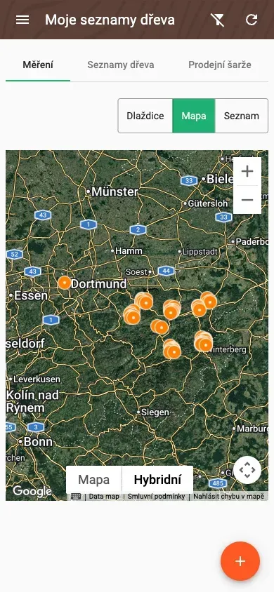Mapové zobrazení všech měření
