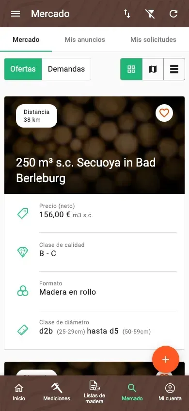 Mercado ordenado de la app Forstify con una vista unificada