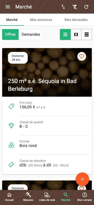Marché épuré de l'application Forstify avec une vue unifiée