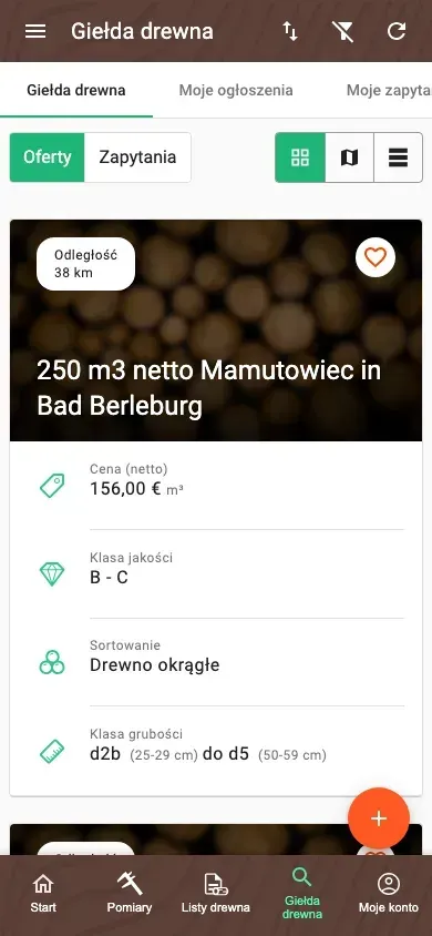 Uporządkowana Giełda drewna w aplikacji Forstify z jednolitym widokiem