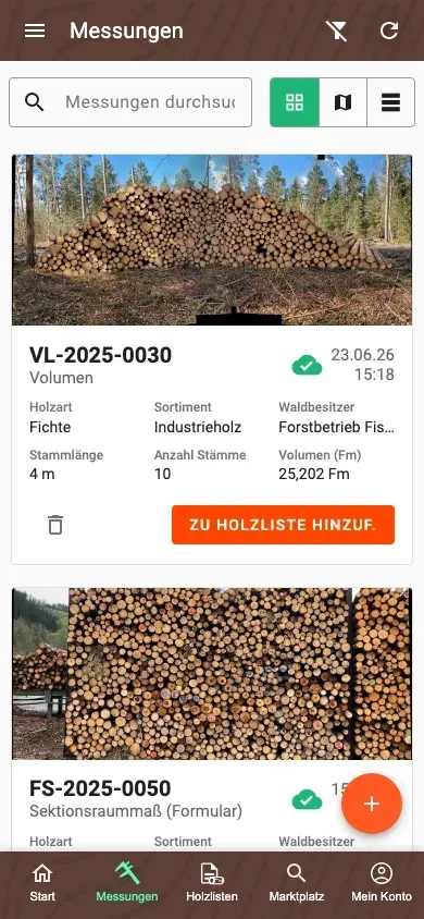 Messungsübersicht im neuen Kacheldesign der Forstify-App