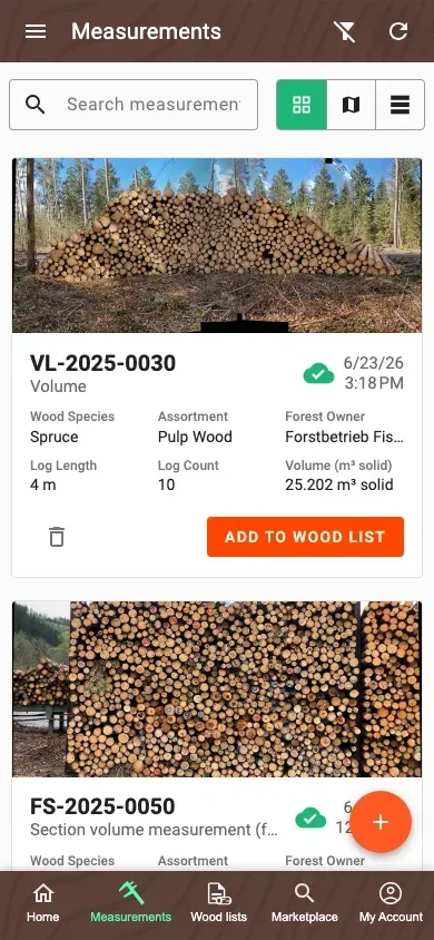Measurement overview in the new tile design of the Forstify app