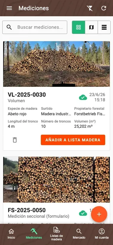 Vista general de las Mediciones en el nuevo diseño de tarjetas de la app Forstify
