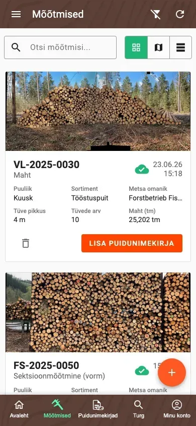 Mõõtmiste ülevaade Forstify rakenduse uues kaardivaates