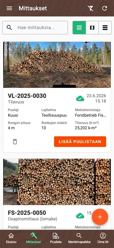 Mittaukset-yleiskatsaus Forstify-sovelluksen uudessa ruudukkonäkymässä