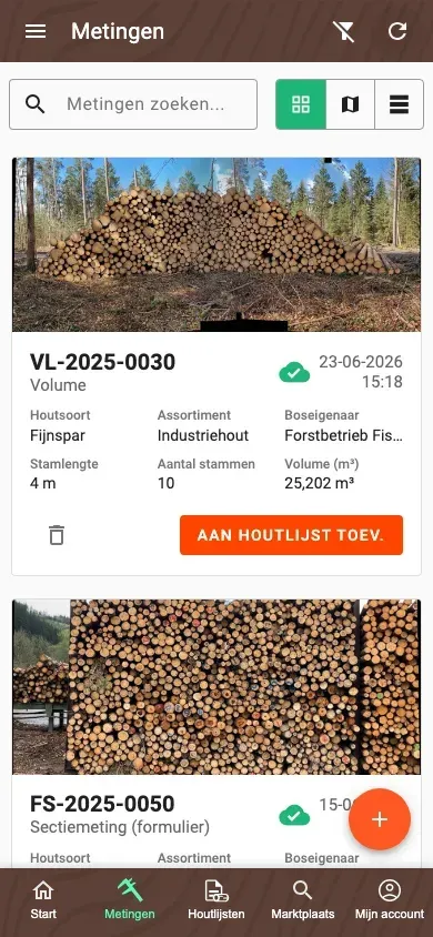 Metingen-overzicht in het nieuwe tegelontwerp van de Forstify-app
