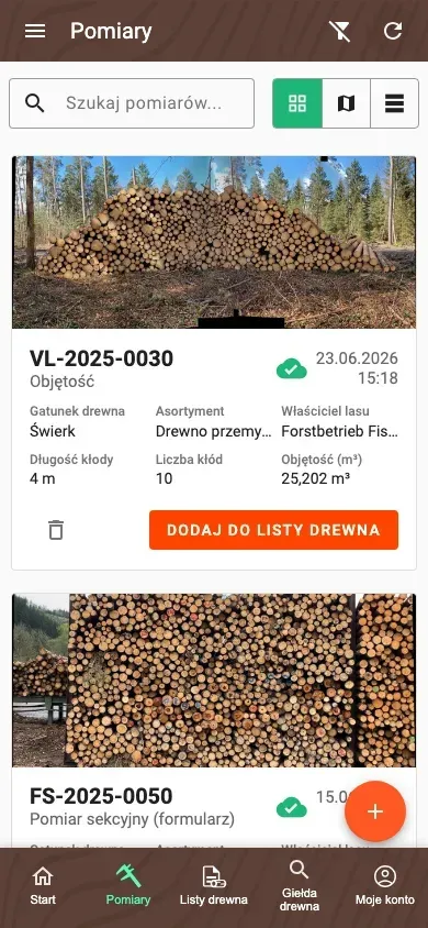 Przegląd Pomiarów w nowym układzie kafelków w aplikacji Forstify