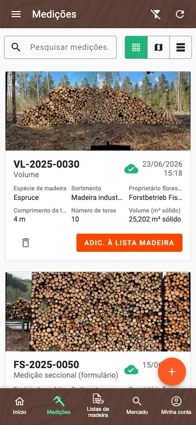 Vista geral das Medições no novo design em mosaico da aplicação Forstify