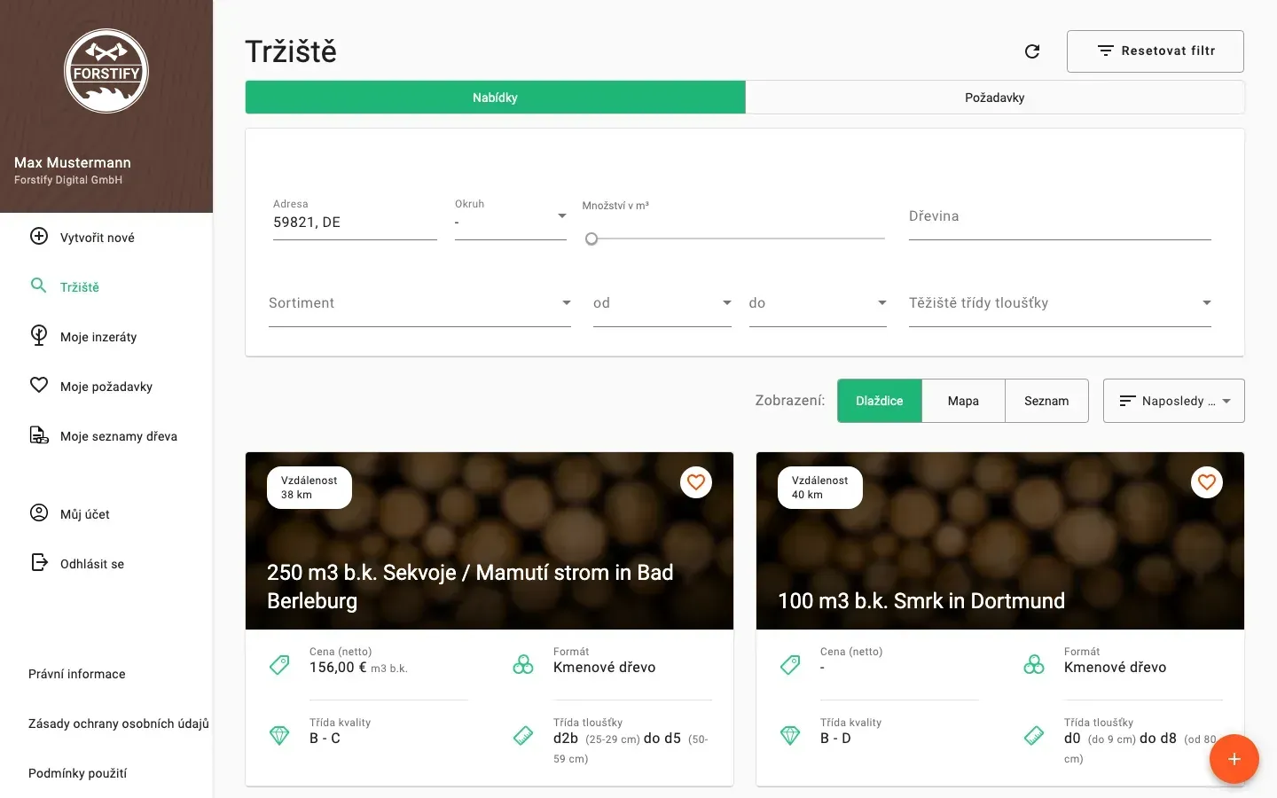 Timber marketplace with offers, prices and distance