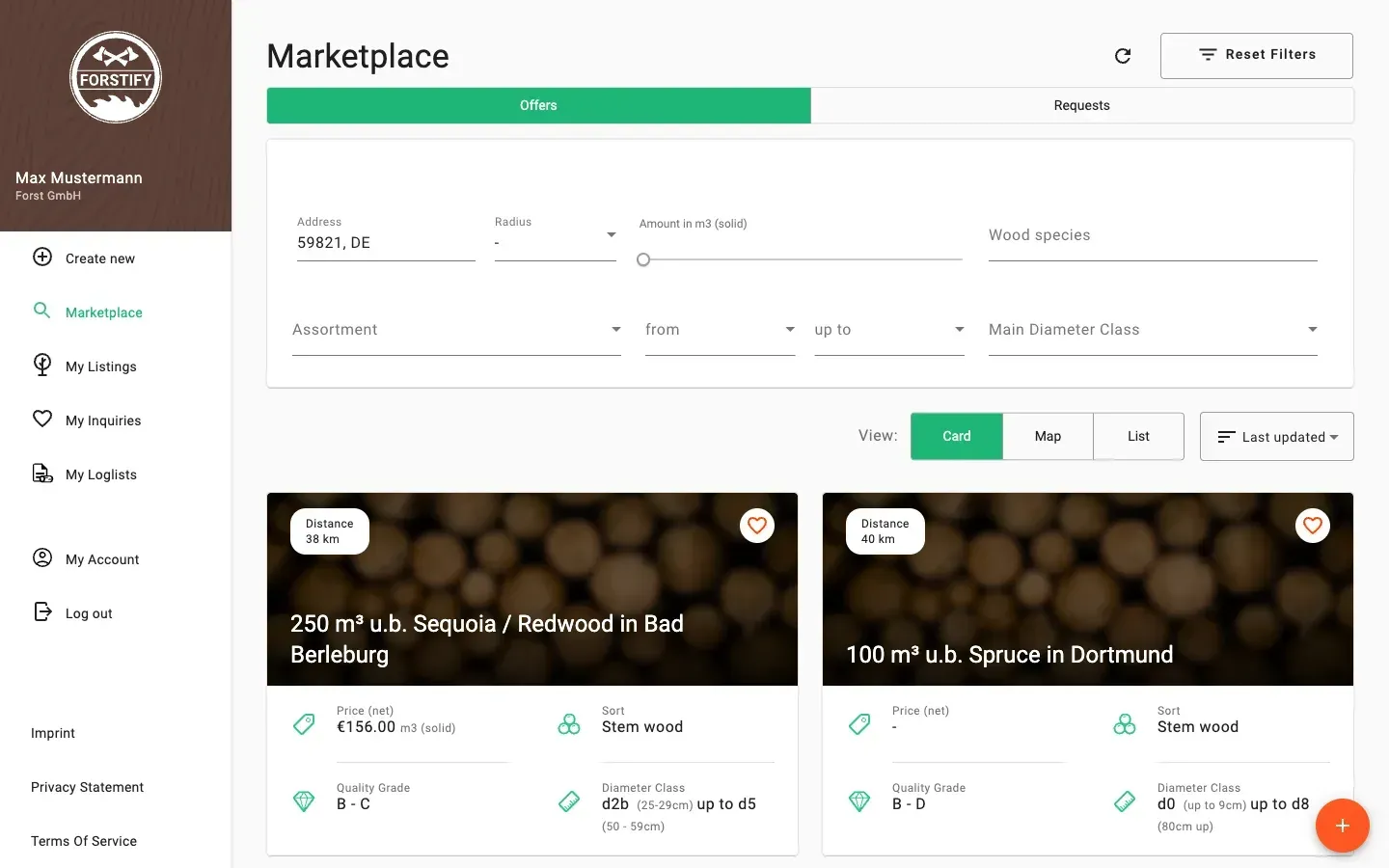 Timber marketplace with offers, prices and distance