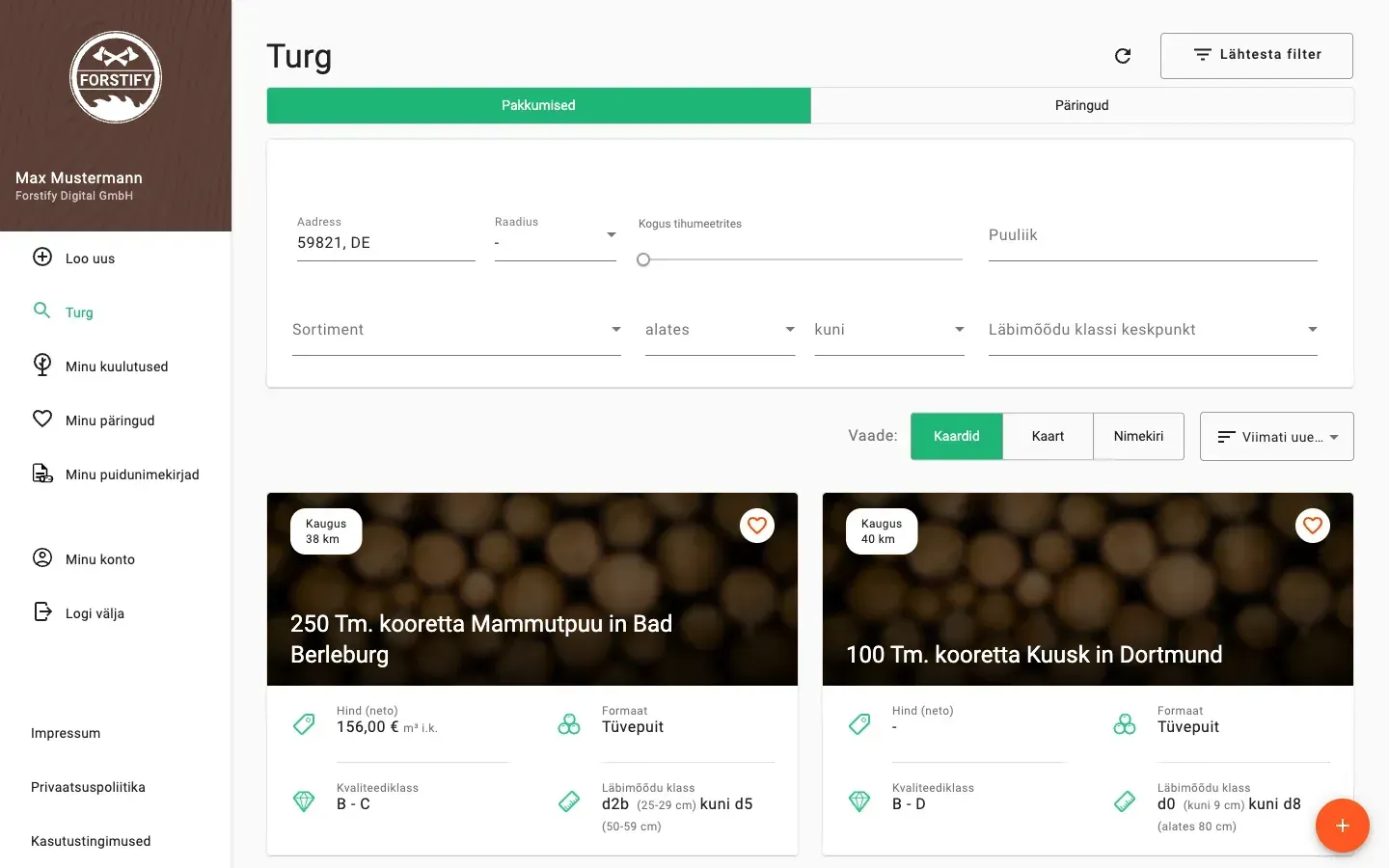Timber marketplace with offers, prices and distance