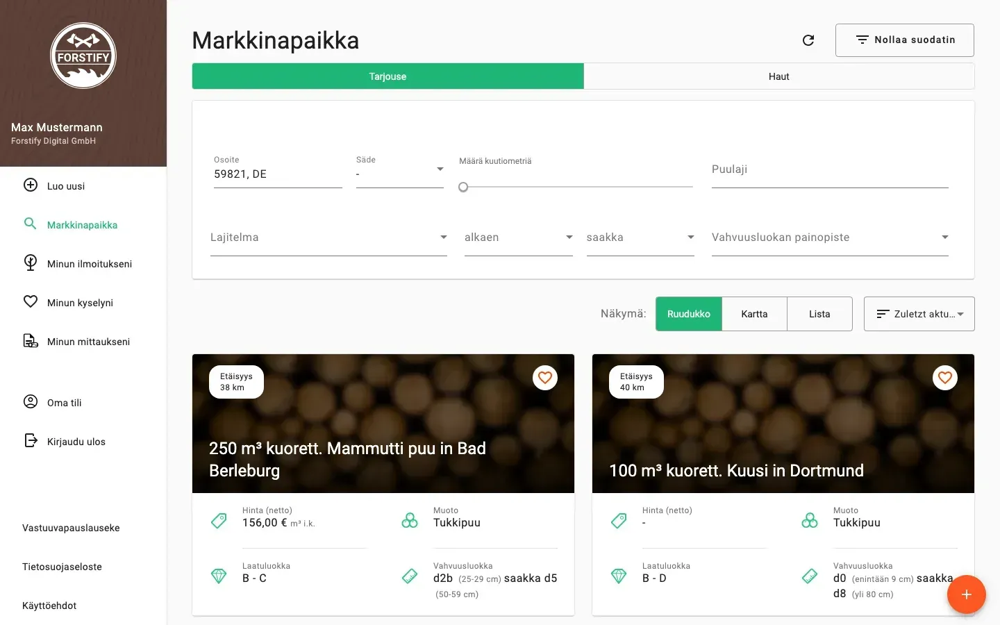 Timber marketplace with offers, prices and distance