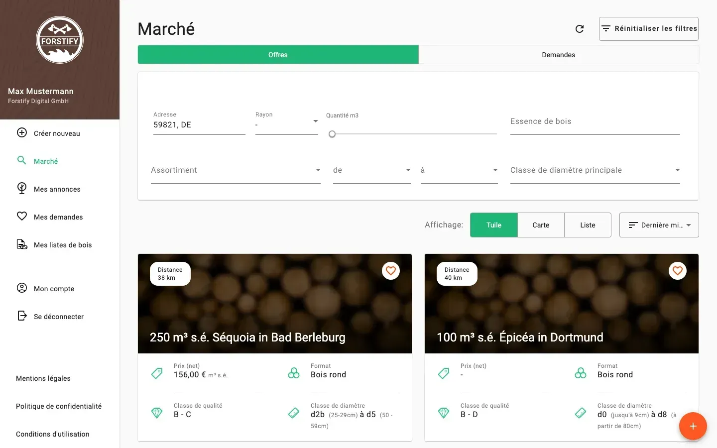 Timber marketplace with offers, prices and distance