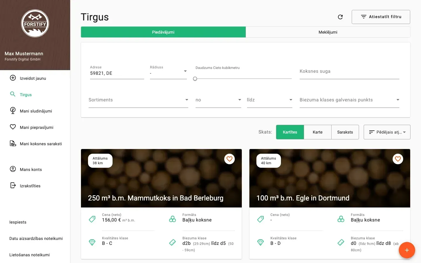 Timber marketplace with offers, prices and distance
