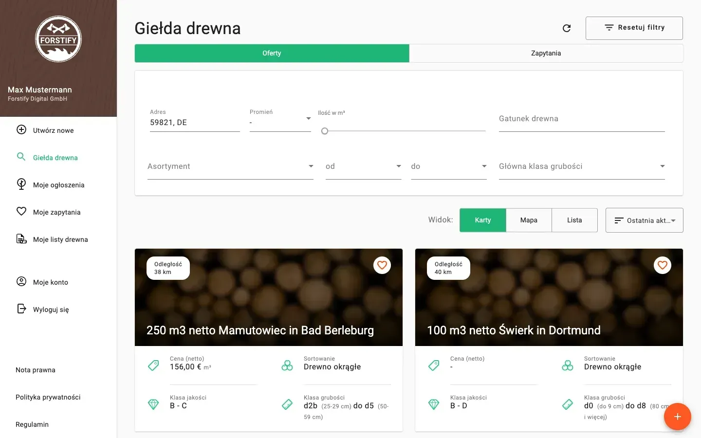 Timber marketplace with offers, prices and distance