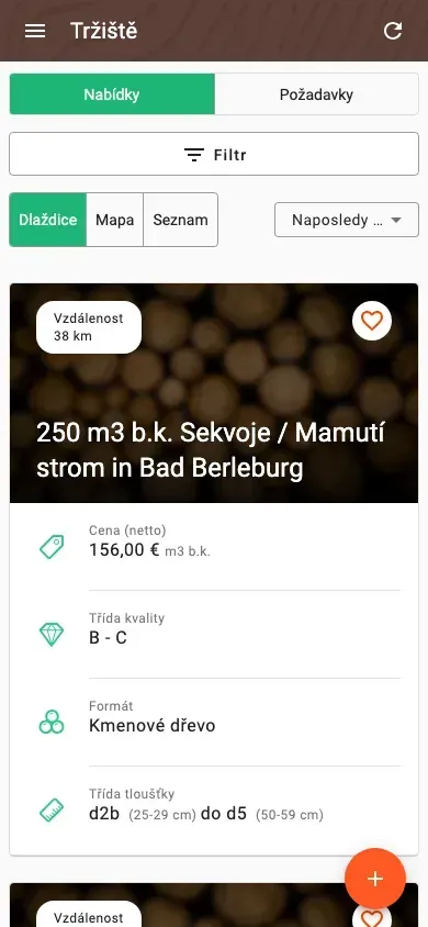Timber marketplace with offers, prices and distance