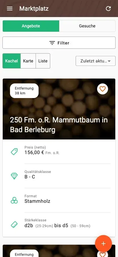 Holzmarktplatz mit Angeboten, Preisen und Entfernung