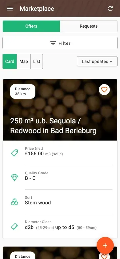 Timber marketplace with offers, prices and distance