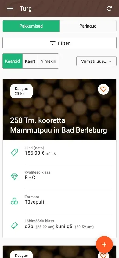 Timber marketplace with offers, prices and distance