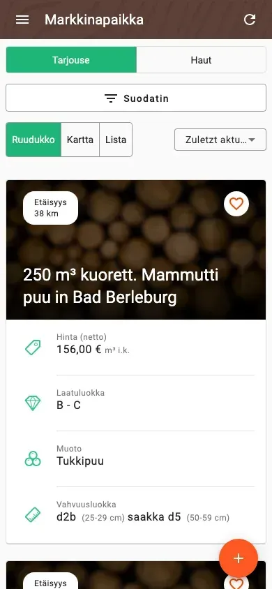 Timber marketplace with offers, prices and distance