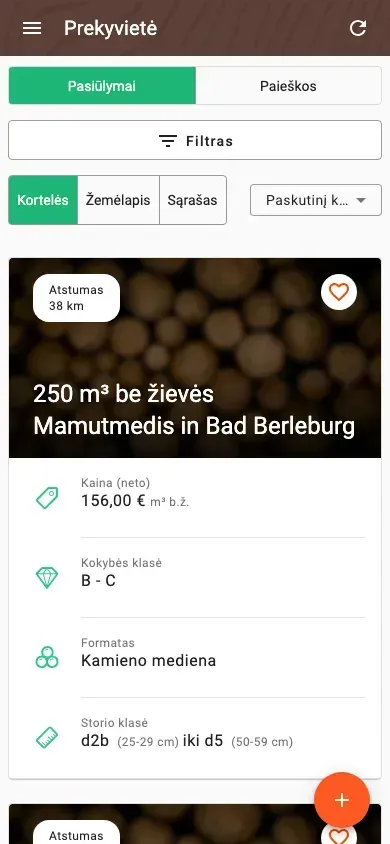 Timber marketplace with offers, prices and distance