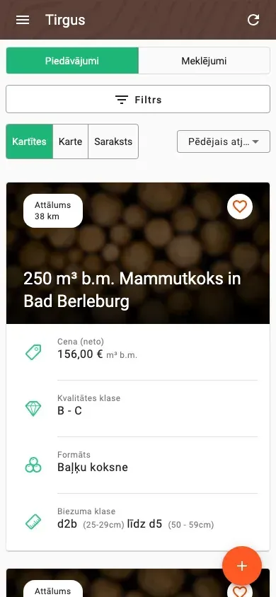 Timber marketplace with offers, prices and distance