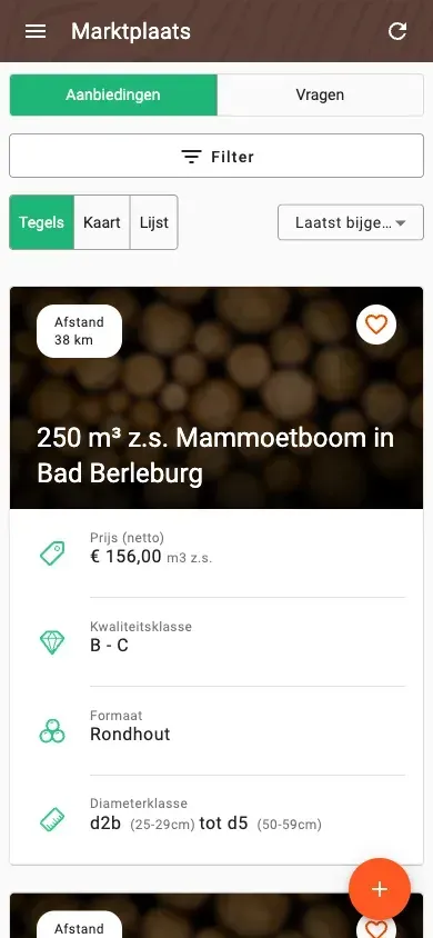 Timber marketplace with offers, prices and distance