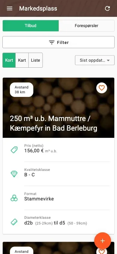 Timber marketplace with offers, prices and distance