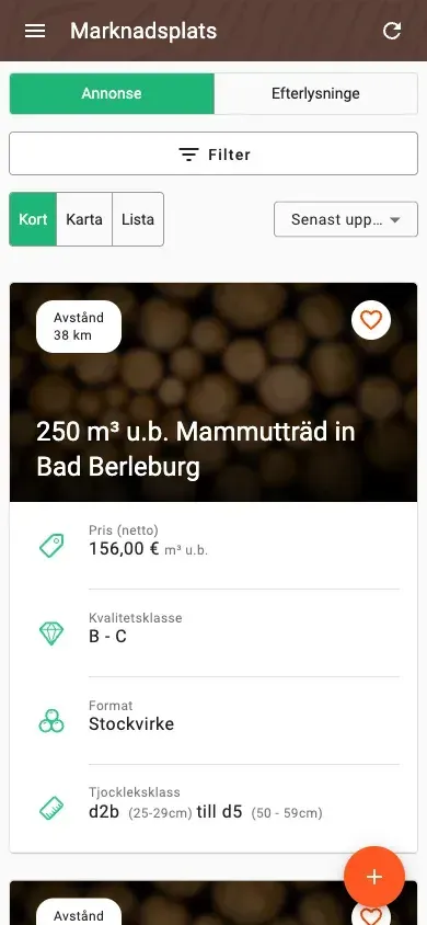 Timber marketplace with offers, prices and distance