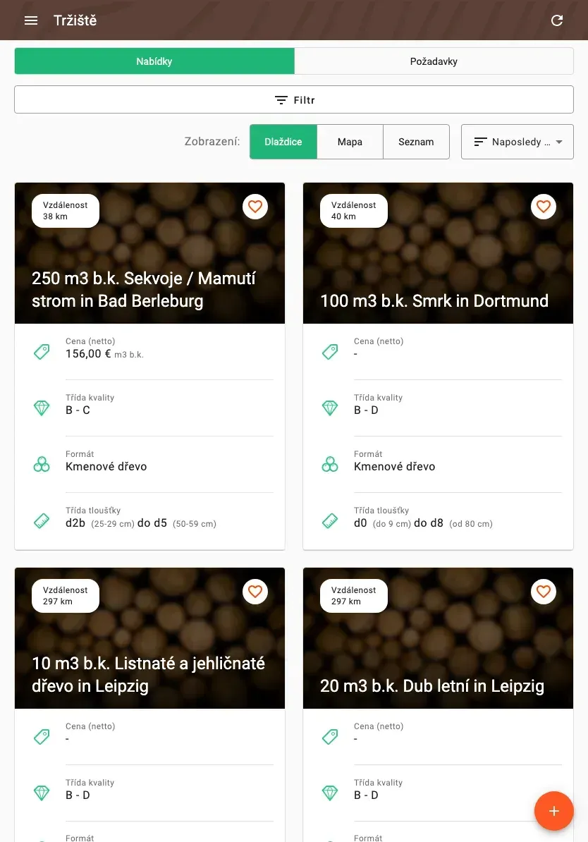 Timber marketplace with offers, prices and distance