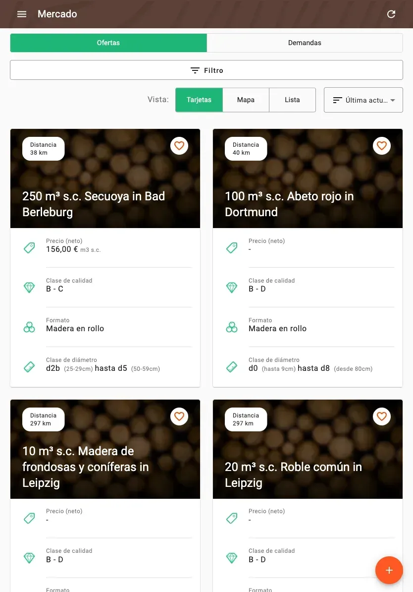 Timber marketplace with offers, prices and distance