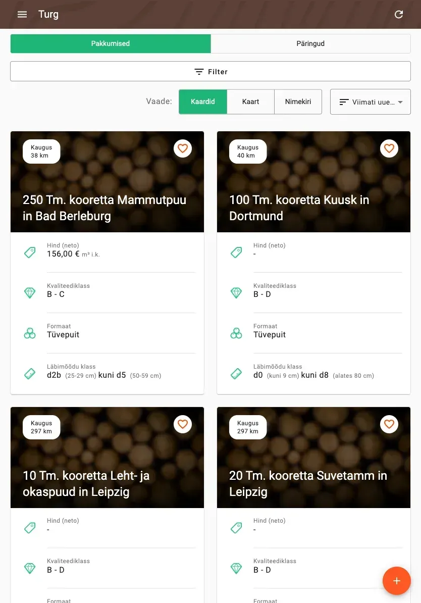 Timber marketplace with offers, prices and distance