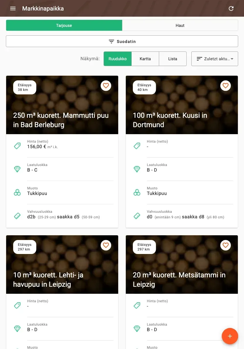 Timber marketplace with offers, prices and distance