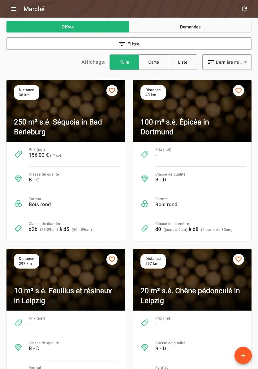 Timber marketplace with offers, prices and distance