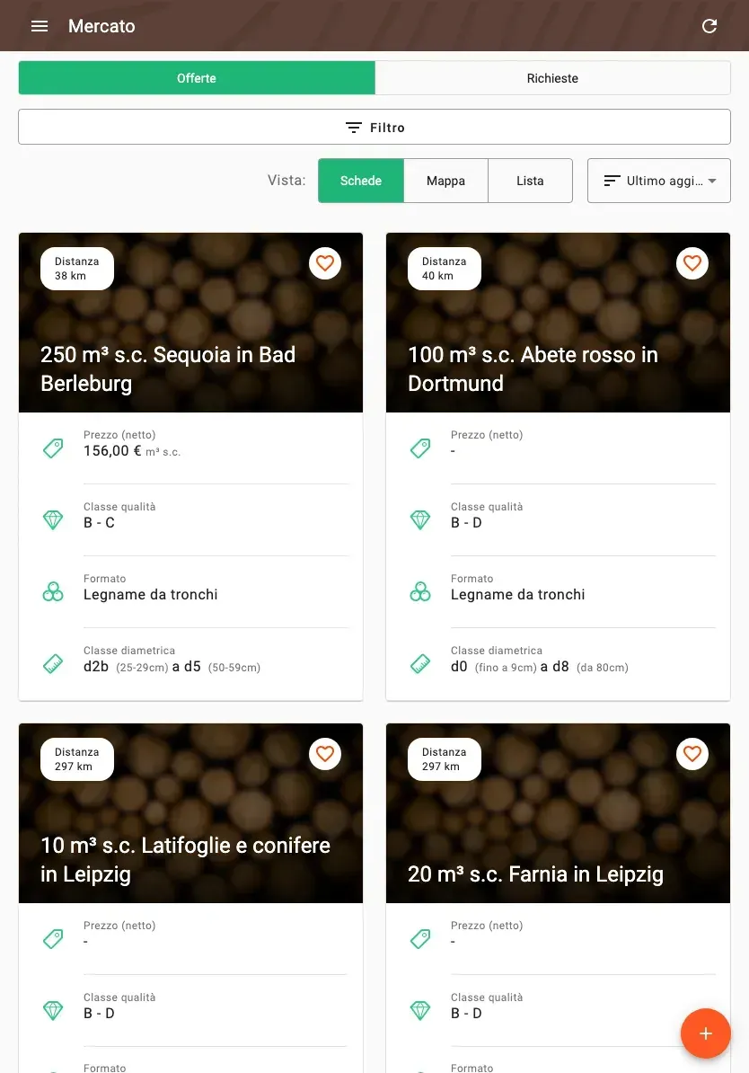 Timber marketplace with offers, prices and distance