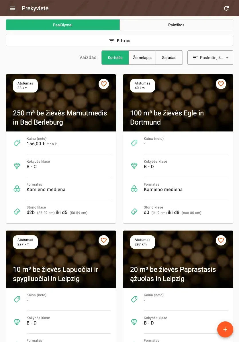 Timber marketplace with offers, prices and distance