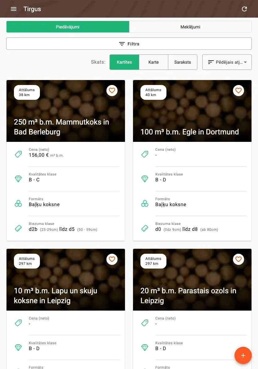 Timber marketplace with offers, prices and distance
