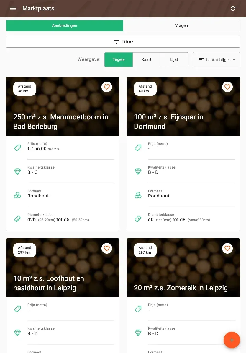 Timber marketplace with offers, prices and distance