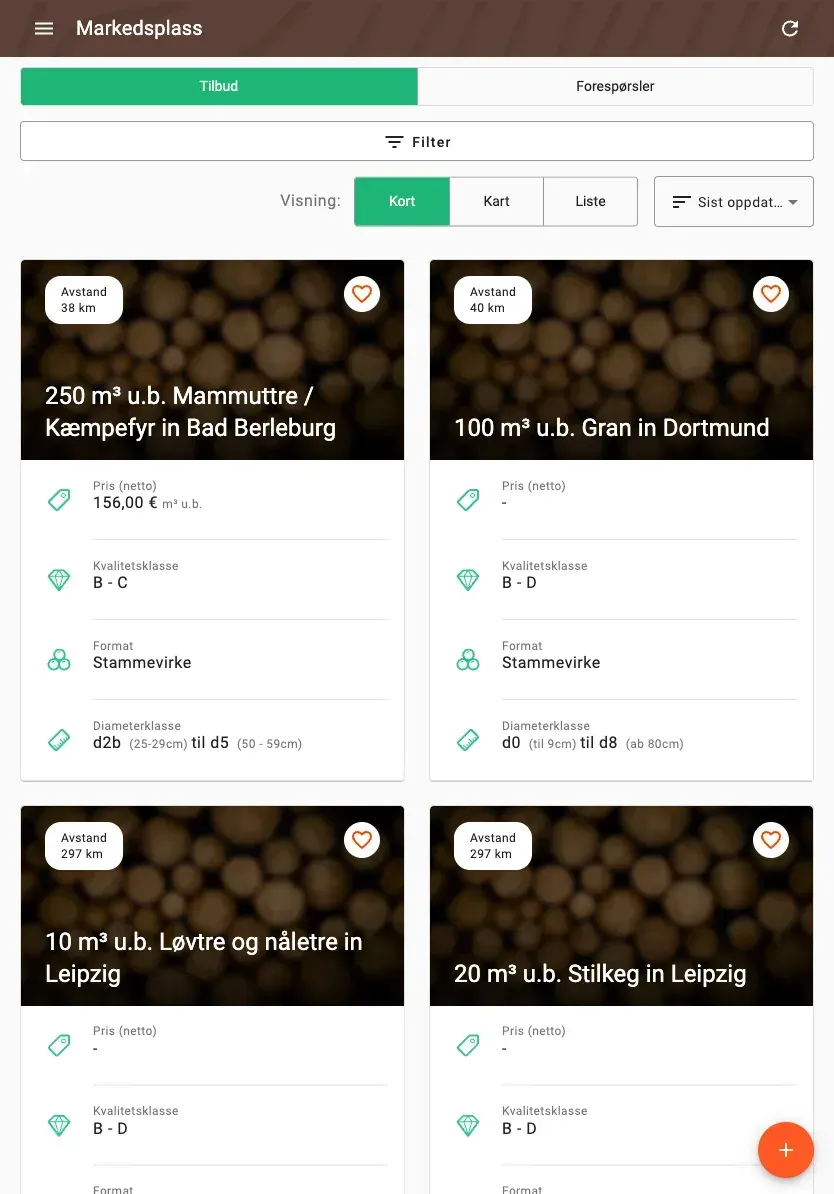 Timber marketplace with offers, prices and distance