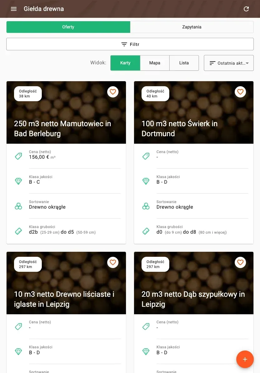 Timber marketplace with offers, prices and distance