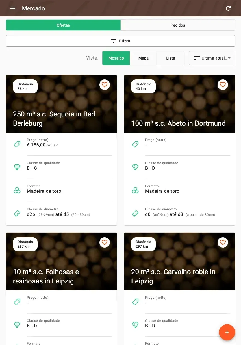 Timber marketplace with offers, prices and distance