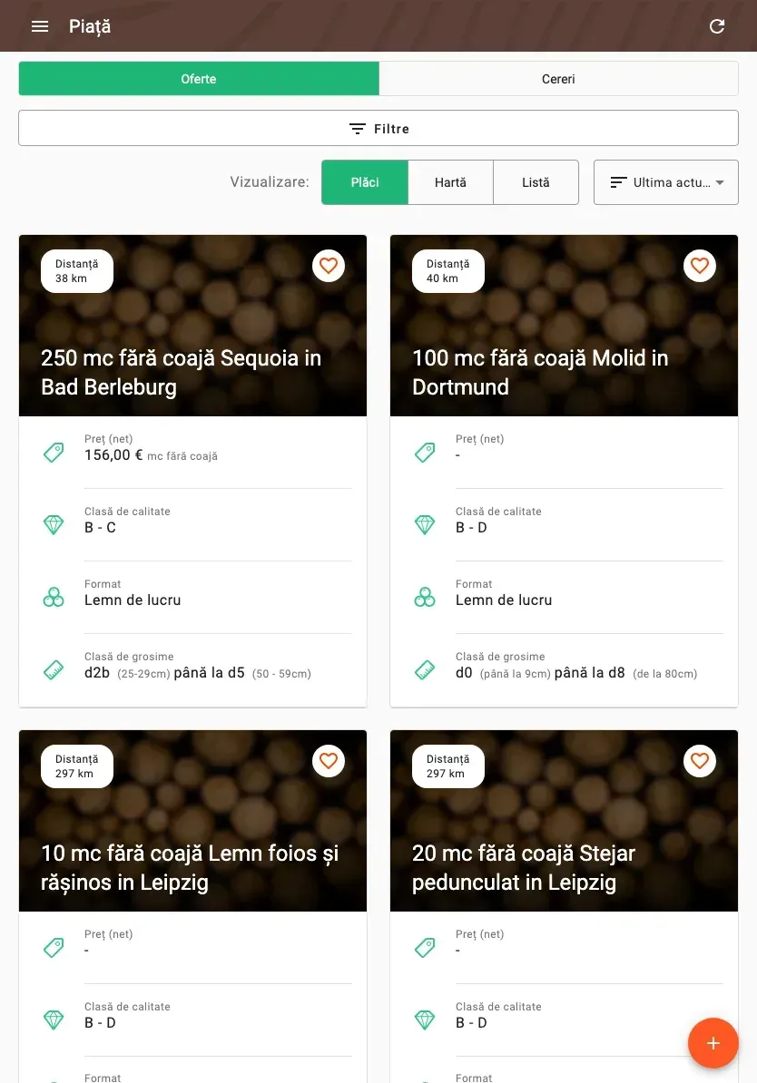 Timber marketplace with offers, prices and distance