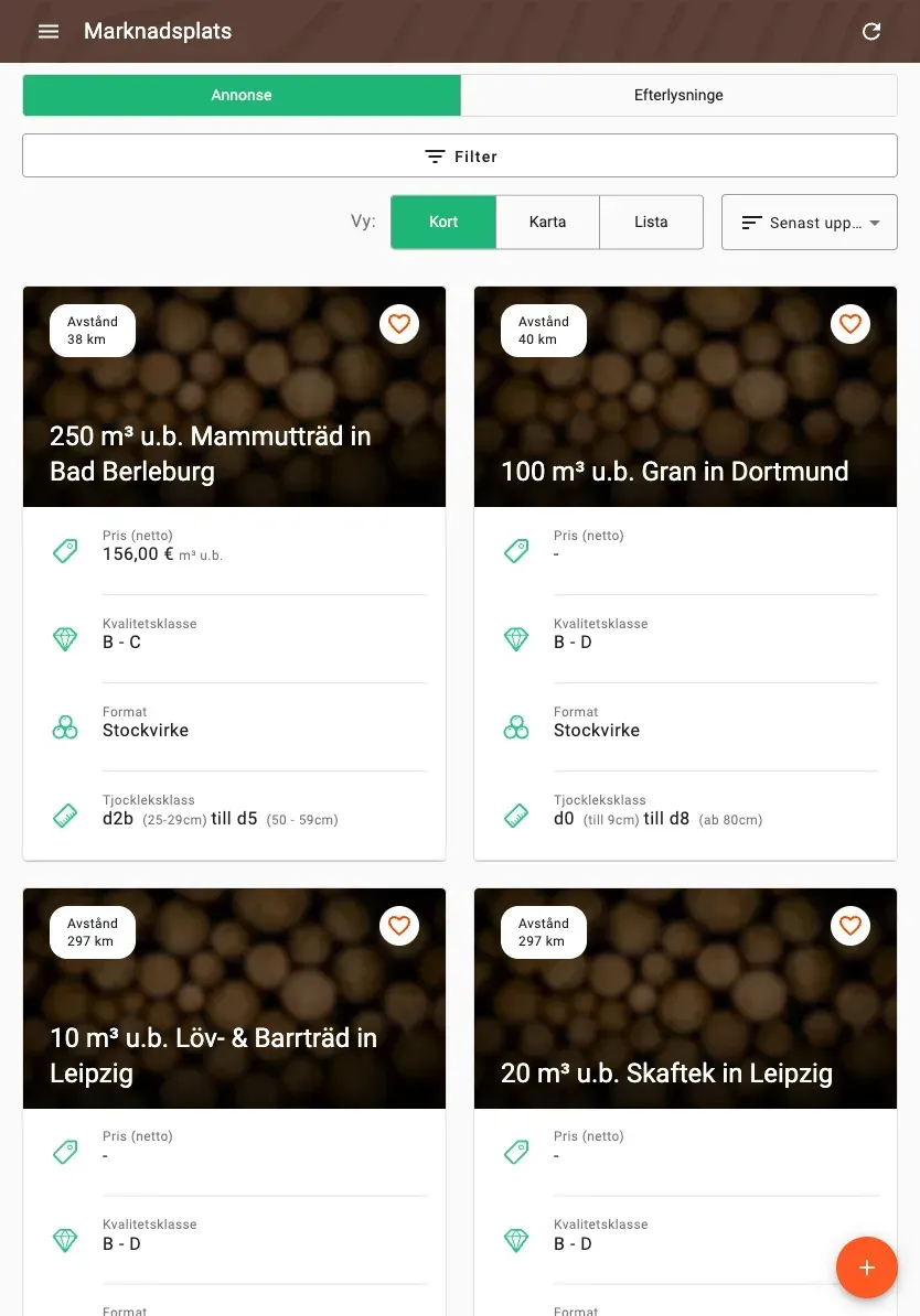 Timber marketplace with offers, prices and distance