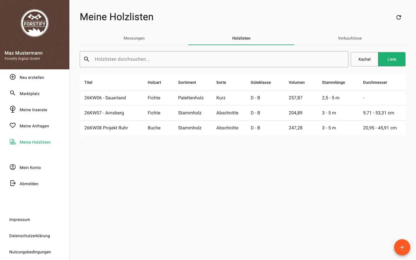 Holzlisten in der Tabellenansicht mit allen Daten