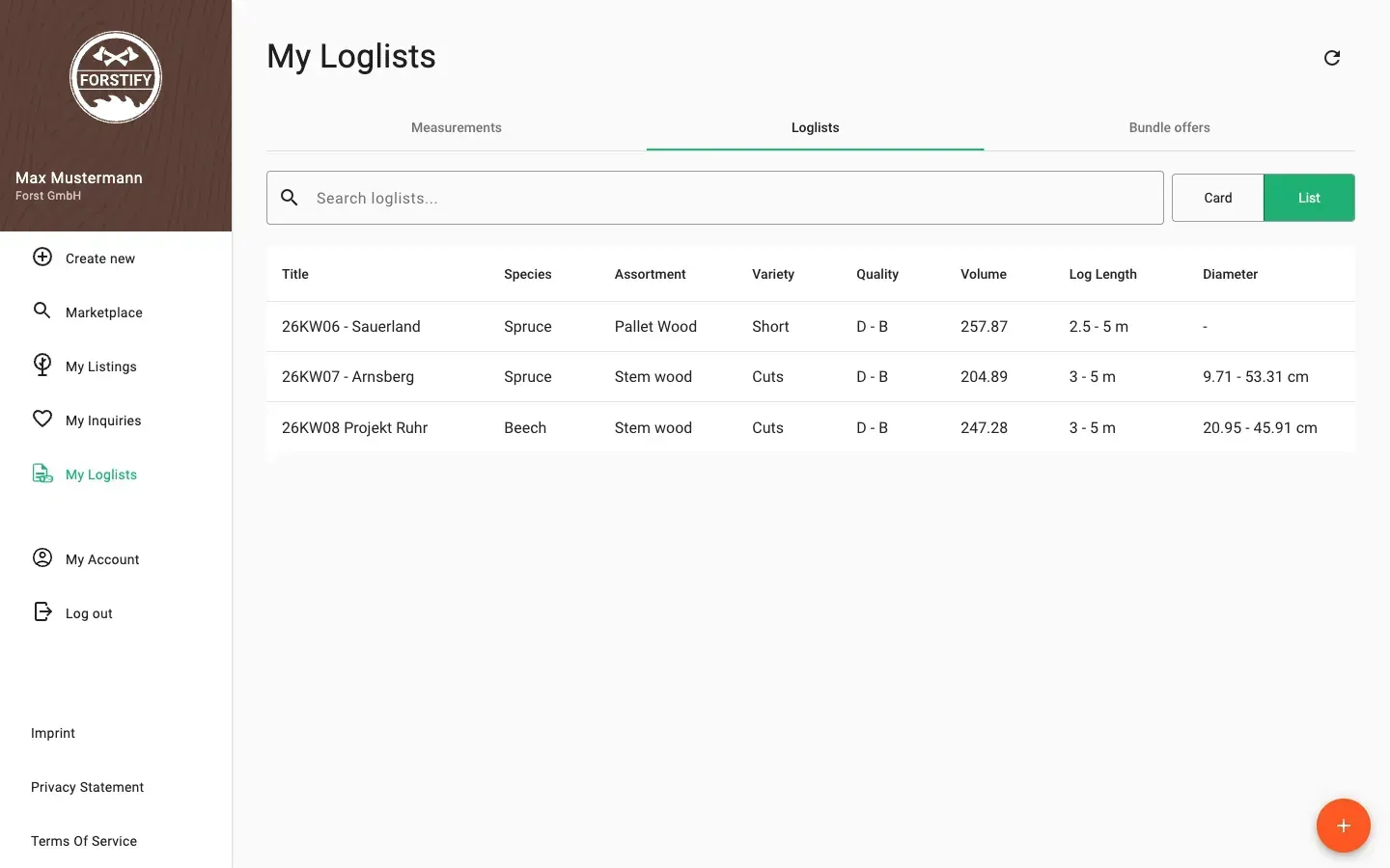 Wood lists in table view with all data