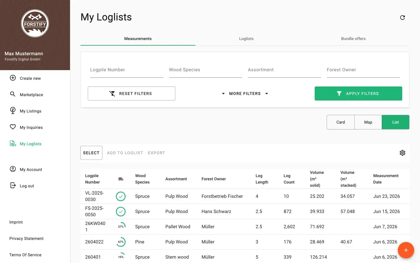 Table view of measurements with all timber data