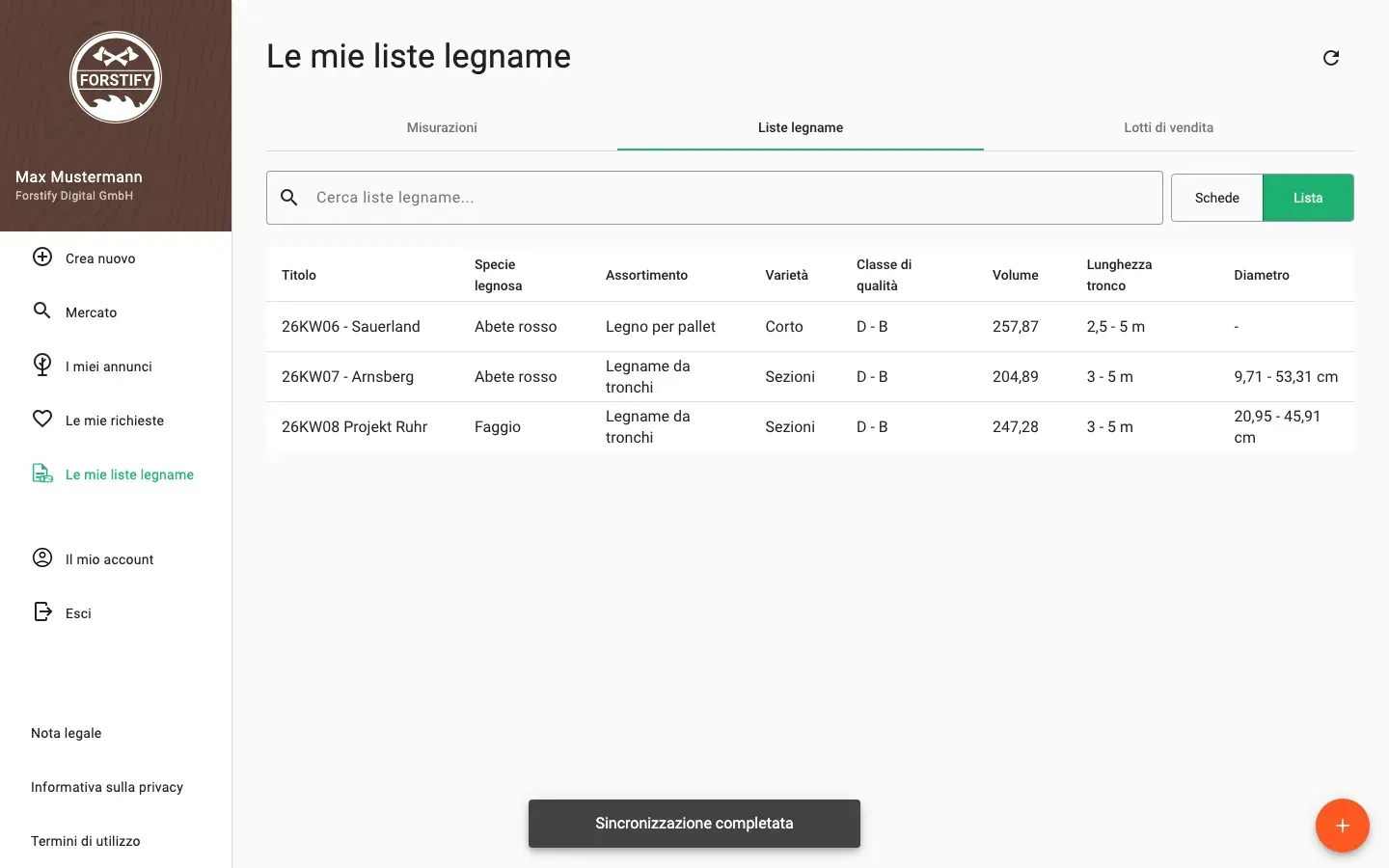 Wood lists in table view with all data