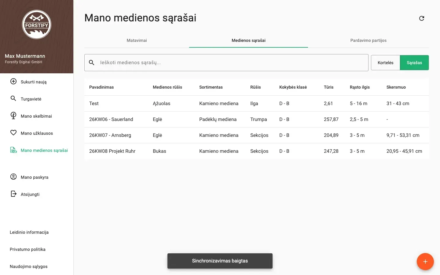 Wood lists in table view with all data